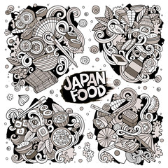 Vector hand drawn doodles cartoon set of Japan food combinations of objects