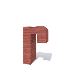 Conceptual red heavy rough masonry constructed font or type, brick construction industry piece isolated white background. Educative architecture material, aged texture surface 3D illustration design