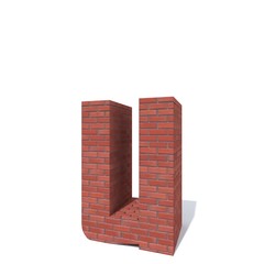 Conceptual red heavy rough masonry constructed font or type, brick construction industry piece isolated white background. Educative architecture material, aged texture surface 3D illustration design