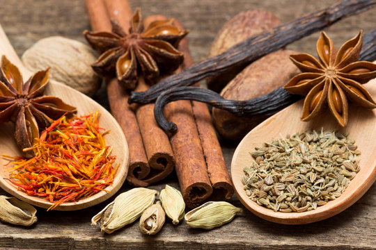 Spices for desserts on the wooden table..shallow DOF