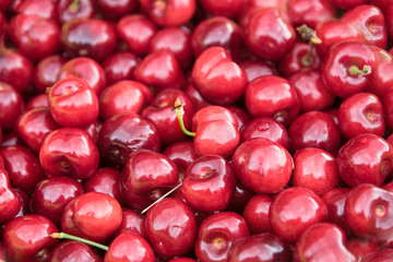 red cherries background texture, healthy organic fruits freshly harvested from the orchard