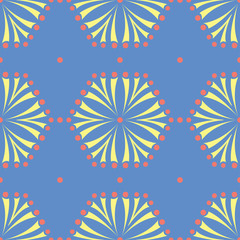 Blue seamless pattern with floral design. Colored background with red yellow flower elements