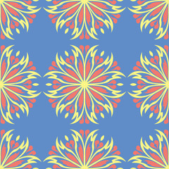 Fototapeta na wymiar Floral blue seamless pattern. Bright background with colored flower elements