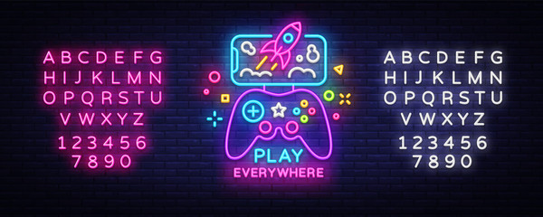 Gamepad and Smartphone neon sign vector. Games for Smartphone Logotype, Emblem in Modern Trend Design, Vector Template, Light Banner, Night Vivid Video Game Promotion. Vector. Editing text neon sign © Ivan
