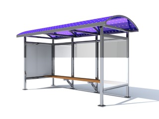 Bus stop equipped with flexible solar panels for lighting and charging of mobile gadgets. Ecological urban environment. 3D rendering.