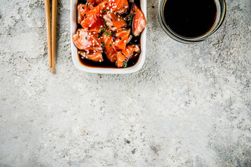 Salmon Sashimi in Marinade (Tamari, Sesame Oil, Lime Juice, and Honey) Topped with Black and White Sesame Seeds