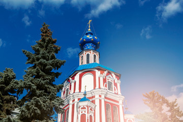 Fototapeta na wymiar Beautiful Church in European town center. The Russian Orthodox Church