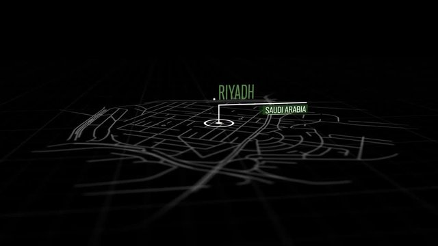 Locations Riyadh, Saudi Arabia. Animation of marking a point in Riyadh, Saudi Arabia. Location of the city, large shopping center. Video in 4K with resolution of 3840x2160.