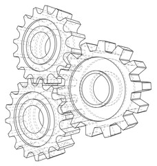 Cogs and Gears. Vector rendering of 3d. Wire-frame style.