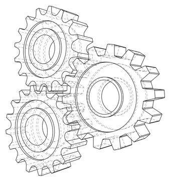 Cogs and Gears. Vector rendering of 3d. Wire-frame style.