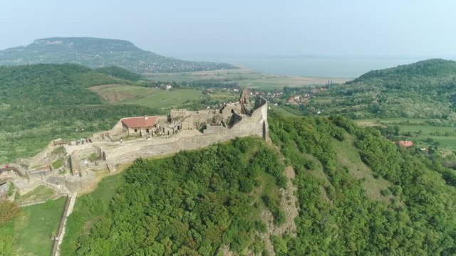 Aerial shot of European castle, fortress. Szigliget castle - Hungary, lake Balaton