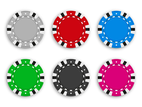 Set of colored chips for poker and casino. Realistic vector illustration.