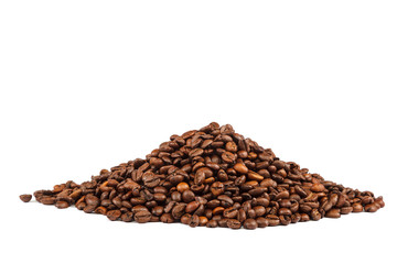 Grains of roasted coffee on white background.
