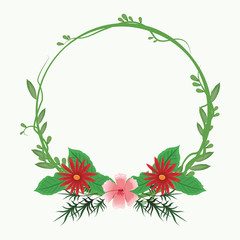 Obraz premium Decorative round frame pink flowers with leaves vector illustration graphic design