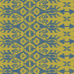 Vector seamless ikat pattern blue and yellow for textile, fabric, ceramic, wrapping