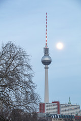 Museum island on Spree river and Alexanderplatz TV tower in center of Berlin, Germany