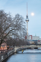Museum island on Spree river and Alexanderplatz TV tower in center of Berlin, Germany