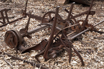 Wilpena Pound South Australia, abandoned farm equipment surrounded by dry leaves