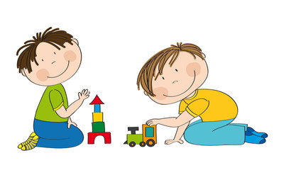 Fototapeta na wymiar Happy preschool children. Two little boys kneeling on the floor, one is building bricks and the other is playing with choo choo train. Original hand drawn illustration.