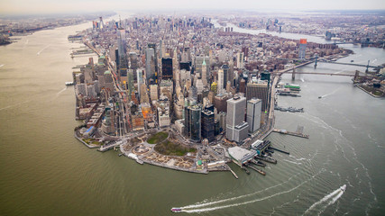 Aerial view of Manhattan skyline at sunset, New York City