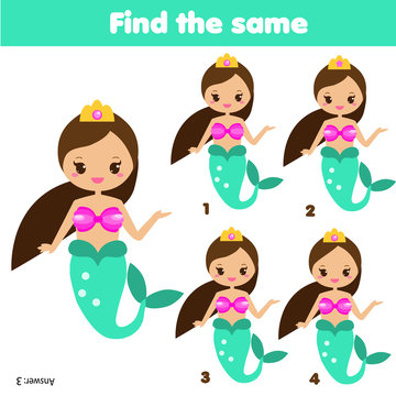 Find the same pictures children educational game. Find equal pairs of cute mermaids. Toddlers and preschool years kids activity.