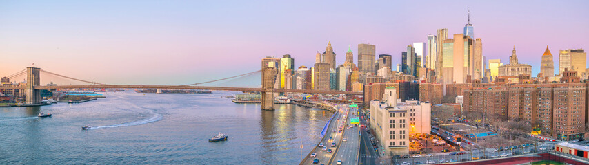 Aerial view of Manhattan skyline at sunset, New York City