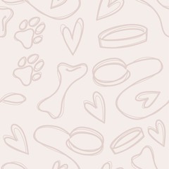 Hand drawn seamless pattern with dog footprint, bones and leash. Vector illustration