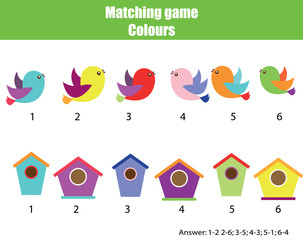 Educational children game. Matching game worksheet for kids. Match by color. Find pairs of birds and birdhouse. Learning colors, animals theme