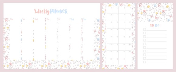 Weekly, daily planner and to do list with cute pastel colored floral pattern. Vector illustration.