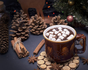 hot chocolate with marshmallow in a brown ceramic mug
