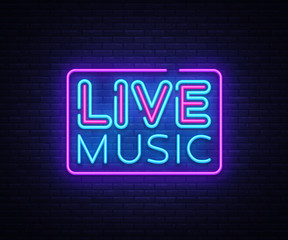 Obraz premium Live Music neon sign vector. Live Music design template neon sign, light banner, neon signboard, nightly bright advertising, light inscription. Vector illustration