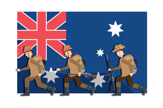 Anzac day design with australian flag and military soldiers over white background, colorful design. vector illustration