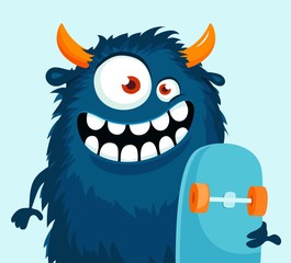 Funny cartoon monster with skateboard. Vector illustration
