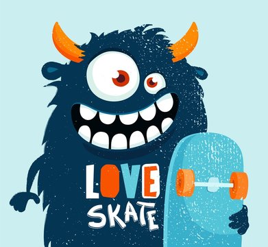 Funny cartoon monster with skateboard. Vector illustration