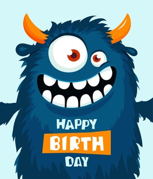 Funny cartoon monster. Happy birthday cute design. Vector illustration