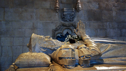 The tomb of Vasco da Gama inside Santa Maria Church at Jerónimos Monastery in the Belém district...
