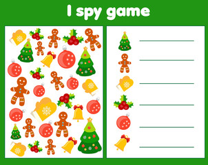 I spy game for toddlers. Find and count objects. Counting educational activity for children and kids. Christmas and new year holidays theme.