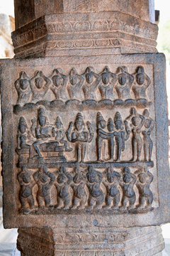 Carving depicting marriage of Kartikeya with Indra's dughter Jayanti or Devasena, Inner pillars, agra-mandapa, Airavatesvara Temple, Darasuram, Tamil Nadu