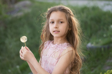 The girl is holding a dandelion in her hands and blowing at him. A child in a park in nature in a pink dress with a dandelion