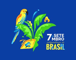 7 September. Brazil Independence Day greeting card. Colorful banner with parrot and palm leaves. Bright brazilian national colors. Vector illustration
