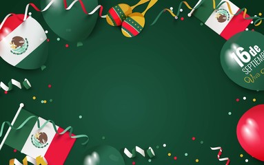 16 September Mexico Happy Independence Day greeting card.  Festive frame flat lay.  Vector illustration