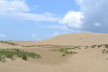 Fototapeta na wymiar Visitors explore Jockey's Ridge, the highest sand dunes in the United States.