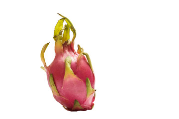 Exotic fruit Dragonfruit with pink and green skin on white background.
