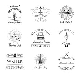 Writer design elements. Vintage pen. ink, books, typewriter, theater masks, paperweight. Writing set. Design elements collection. Vector.