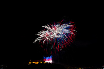Beautiful colorful firework in city Brno on Spilberk