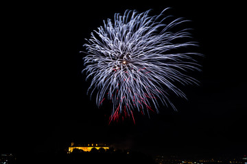 Beautiful colorful firework in city Brno on Spilberk