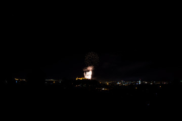 Beautiful colorful firework in city Brno on Spilberk