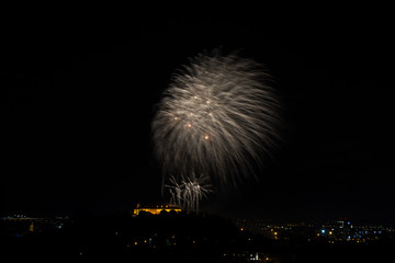Beautiful colorful firework in city Brno on Spilberk