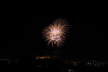 Beautiful colorful firework in city Brno on Spilberk