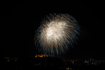 Beautiful colorful firework in city Brno on Spilberk